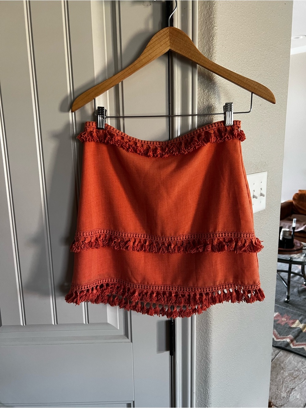 Women’s Orange Fringe Tiered Mini Skirt